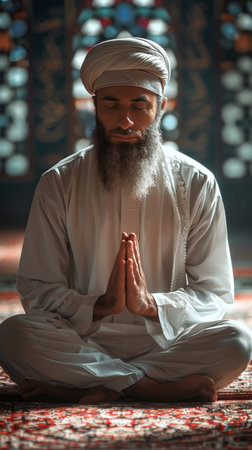 Man or sikh, pray and worship with meditation in gurdwara for spiritual devotion, compassion andの素材