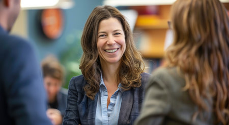 Portrait, woman and teacher in meeting, classroom and smile for colleagues and talk for curriculumの素材