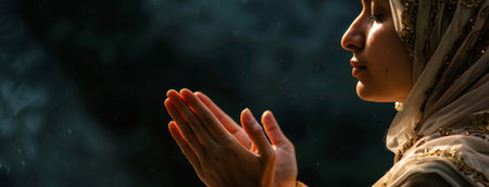 Hands, praying and moslem woman for faith devotion, mindfulness or gratitude during Hajj seasonの素材