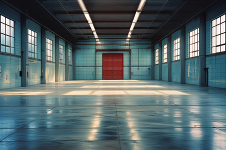 Warehouse interior, abandoned and lights with windows for real estate, manufacturing and buildingの素材