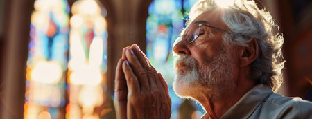 Church, old man and praying for faith, hand together or spiritual with gratitude, Catholic orの素材