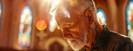 Church, senior man and praying for faith, religion and spiritual with gratitude, hope andの素材