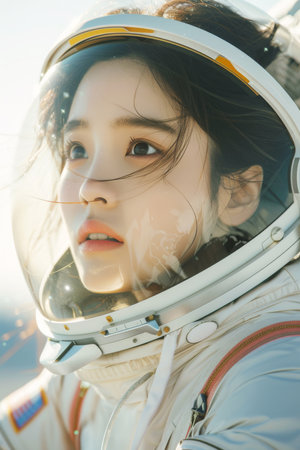 Astronaut, helmet and asian woman in space for mission, galaxy exploration or cosmos researchの素材