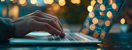 Developer, dark or hands of person on laptop coding for online solution, problem solving or nightの素材