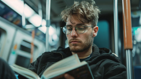 Man, train and reading with book for knowledge, story or literature in travel to subway stationの素材