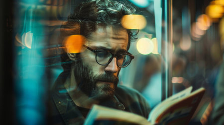 Man, train and reading with book at night for knowledge, story or literature in travel to subwayの素材