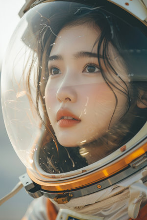 Astronaut, helmet and asian woman in space suit for mission, galaxy exploration or cosmos researchの素材