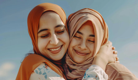 Outdoor, hijab and Islam women with hug for bonding, appreciation and happy together by blue skyの素材