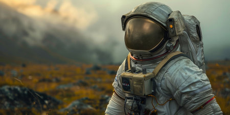 Astronaut, spacesuit and walk for planet, research and explore in solar system or galaxy. Personの素材