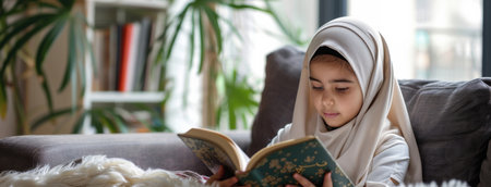 Muslim, home and child reading Quran on sofa for faith, religion or worship on EID in living roomの素材