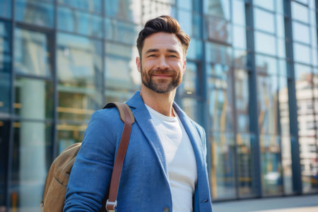 Building, city and portrait with business man outdoor on street for morning commute to work. Happyの素材