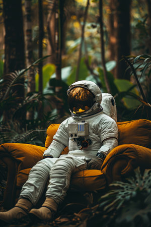 Planet, travel and astronaut in forest on sofa to explore abandoned world, planet and universeの素材