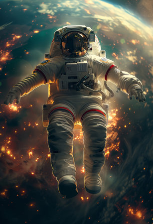 Planet, earth and astronaut with floating in outer space for exploration, discovery or sci fiの素材
