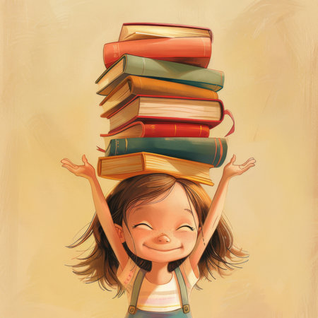 Cartoon girl, books and stack with colorful illustration for knowledge, learning or education onの素材