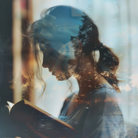 Woman, reading book and nature as double exposure or trees with english literature, learn or sunsetの素材