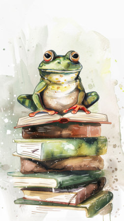 Frog, drawing and pile of books for learning, creative and illustration for education. Stackの素材