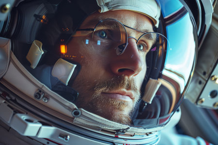 Space, travel and face of astronaut man with helmet, future discovery and sci fi universe technologyの素材