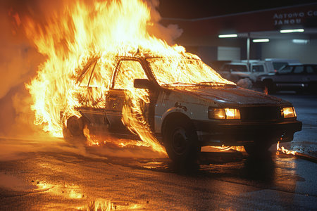 Car, explosion and smoke in apocalypse, flames or disaster in bombing with fire, riot and danger inの素材