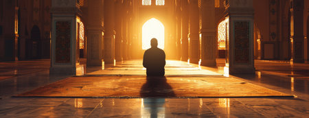Light, prayer and silhouette of man in mosque with praise for religion, trust and peace in salahの素材