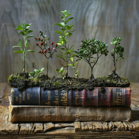 Stack, books and plants growth for learning, gothic study and history journal for knowledge. Treesの素材