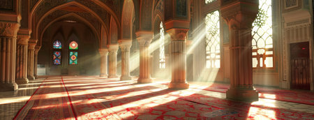 Mosque, hallway and interior for worship in Islam with prayer or building with banner in Dubaiの素材