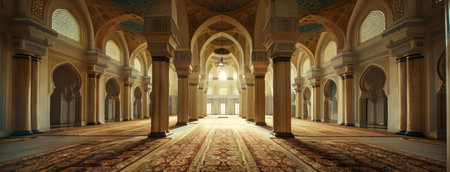 Building, faith and interior of Islamic mosque for culture or tradition of holy prayer or worshipの素材