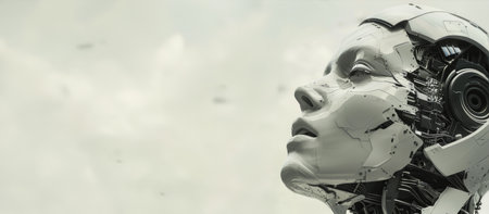 Cyborg, humanoid and innovation with automatic, futuristic and thinking on a white backgroundの素材