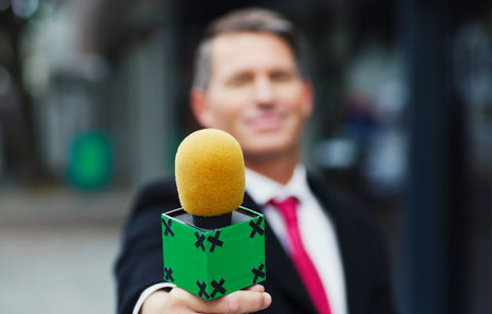 Professional, journalist or man with microphone outdoor for reporting news, information or broadcast. Career, male person or media worker with mic for live streaming, interview or reporter with techの写真素材