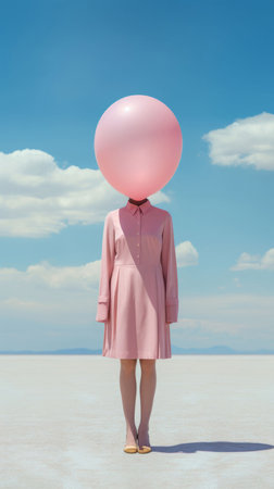 Blue sky, art and head of woman with balloon abstract with trendy, stylish and elegant fashionの素材
