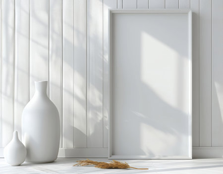 Interior, blank frame and home for simple minimalist, creative space and clean for sustainable styleの素材