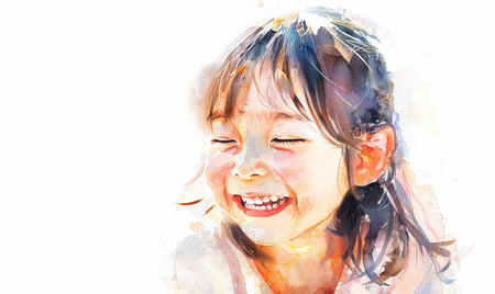Child, laughing and watercolor art as drawing on white background, mockup space or creativity. Girlの素材