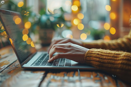 Hands, laptop and customer typing in cafe for blog, freelance career or remote work closeupの素材