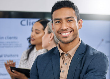 Business man, portrait and happy at conference for networking, training or meeting for growth in...