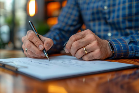 Hand, contract and writing with document, application or legal paperwork or policy. Senior manの素材