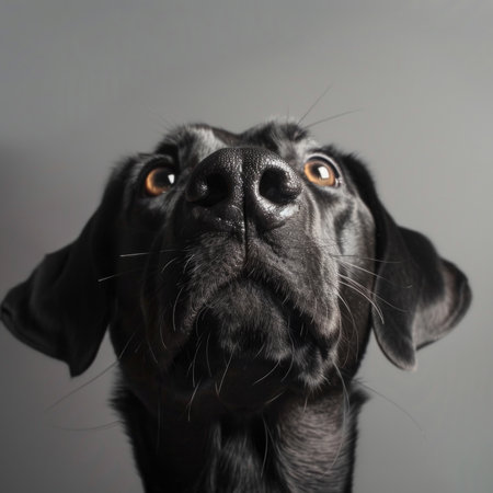 Dog, nose and face in studio with pet for companion, adoption and protection on gray backgroundの素材