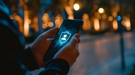 Cyber security, hands and phone of person, IT and programmer, outdoor and data protection forの素材