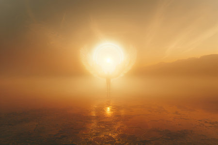 Angel, christianity and halo light for religion, desert landscape with mystic or divine entityの素材