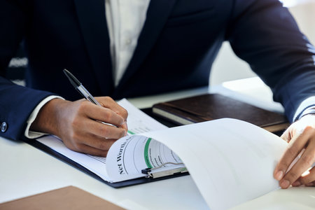 Sign, contract and hands of broker with deal in office for legal compliance, paperwork or agreement. Report, signature and checklist on policy document in meeting with insurance application of clientの写真素材