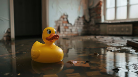 Water, house or rubber duck in hurricane flood, chaos or natural disaster, damage or destructionの素材