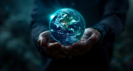 World, hologram or businessman hands with global networking, connection or cloud computing. Globalの素材