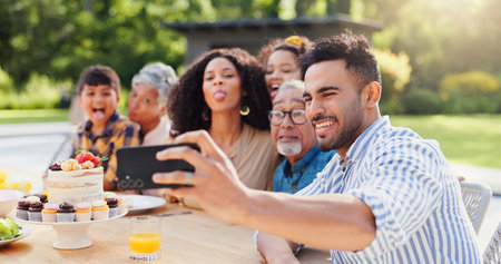 Selfie, family and funny in backyard with birthday, social media and grandparents outdoor. Home,...