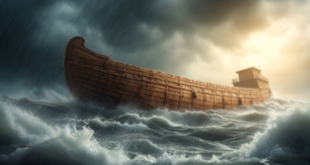 Boat, storm and rain with waves at sea with christianity, religion and faith in God for naturalの素材