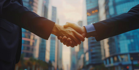 Business, people and handshake in city outdoor for success on deal, teamwork and collaborationの素材