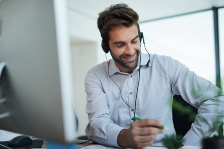 Planning, advisor or businessman in telemarketing call center consulting or communication for loan...