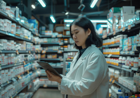 Healthcare, pharmacist or woman with tablet for prescription of medicine, pills and supplements onの素材