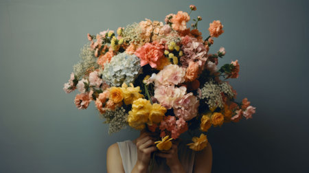 Person, flower with bouquet and cover face for Spring blossom, botanic and nature for gift on greyの素材