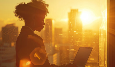 Sunset, tablet and business black woman at office in evening for communication, networking orの素材