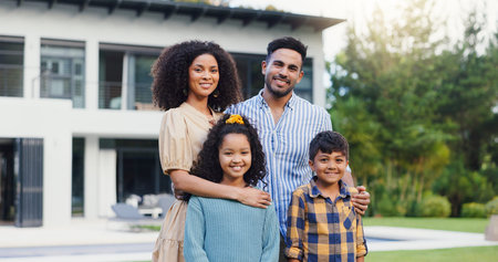 Happy family, face and outdoor on garden of new mansion, property investment and pride for real...