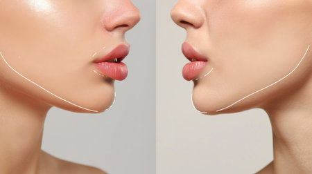 Woman, before after and lips with surgery for facial with makeover in studio with lip fillerの素材