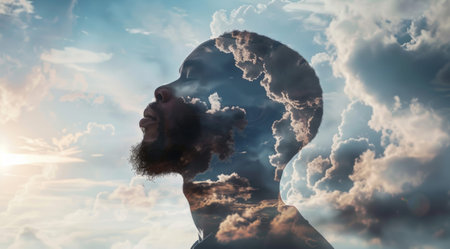 Double exposure, pray and man in sky, clouds and spiritual, faith and worship God, peace and Easterの素材